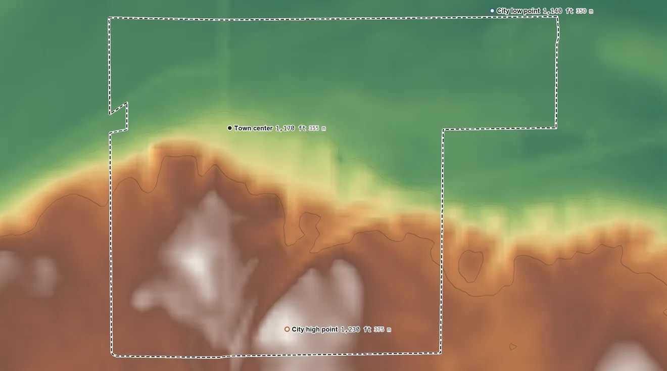 Topographic elevation map of Roscoe, Minnesota, shaded from 1,140 ft on the northeast side to 1,230 ft on the south side