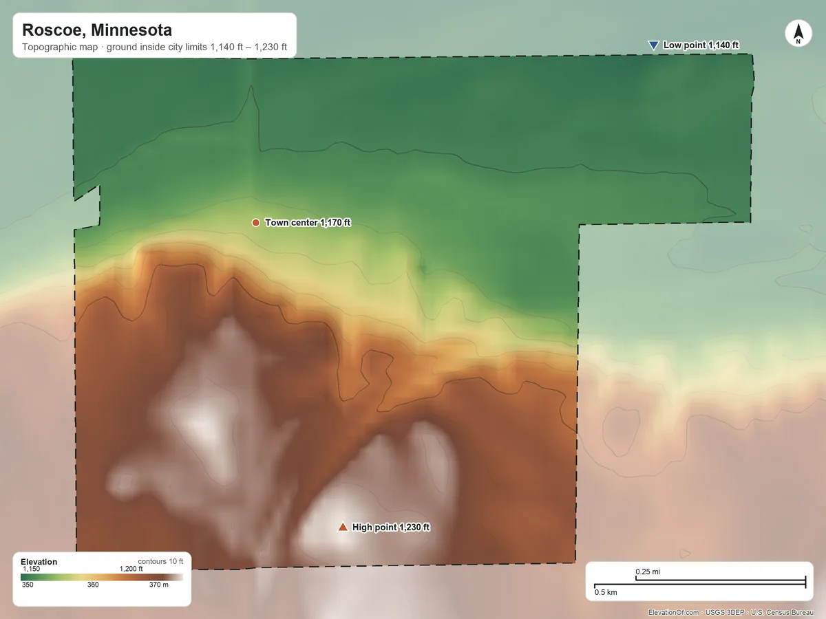 Topographic elevation map of Roscoe, Minnesota, shaded from 1,140 ft on the northeast side to 1,230 ft on the south side