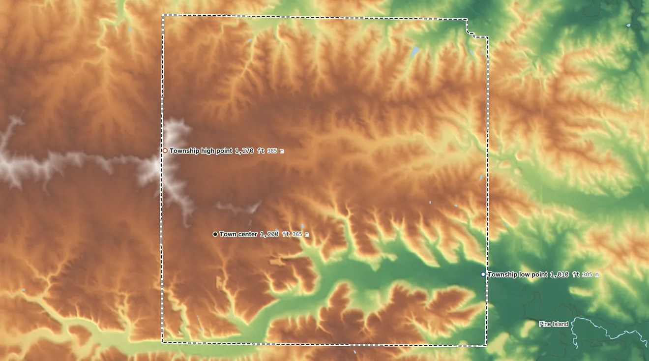 Topographic elevation map of Roscoe Township, Minnesota, shaded from 1,010 ft on the east side to 1,270 ft on the northwest side