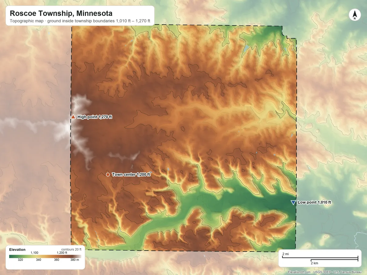 Topographic elevation map of Roscoe Township, Minnesota, shaded from 1,010 ft on the east side to 1,270 ft on the northwest side