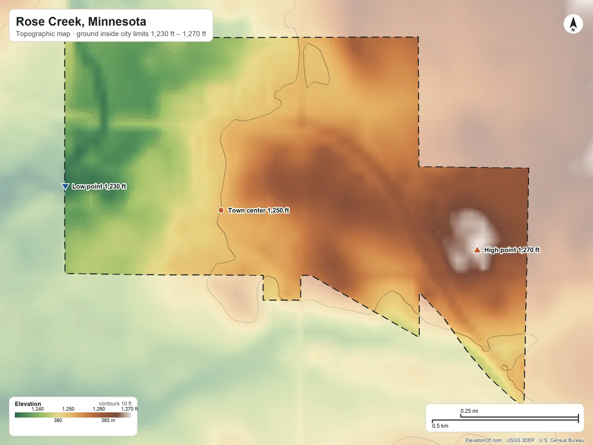 Topographic elevation map of Rose Creek, Minnesota, shaded from 1,230 ft on the west side to 1,270 ft on the east side