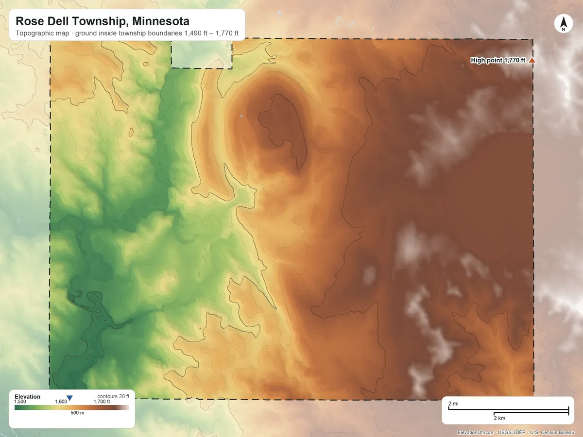 Topographic elevation map of Rose Dell Township, Minnesota, shaded from 1,490 ft on the southwest side to 1,770 ft on the northeast side