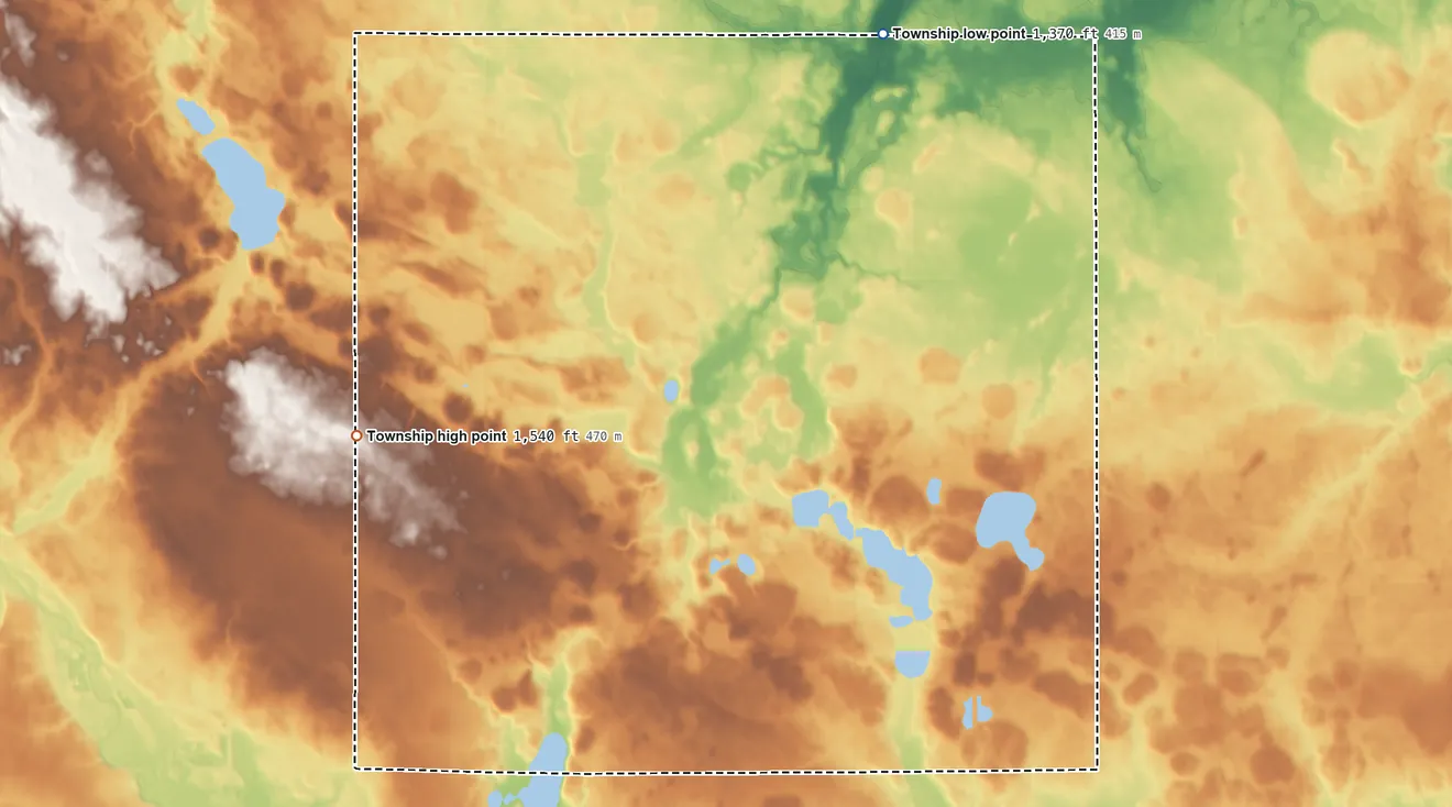 Topographic elevation map of Rose Hill Township, Minnesota, shaded from 1,370 ft on the north side to 1,540 ft on the west side