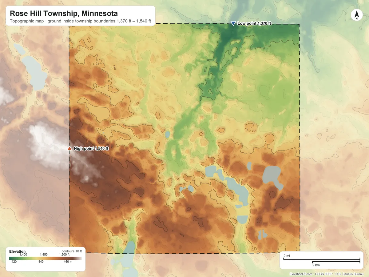 Topographic elevation map of Rose Hill Township, Minnesota, shaded from 1,370 ft on the north side to 1,540 ft on the west side