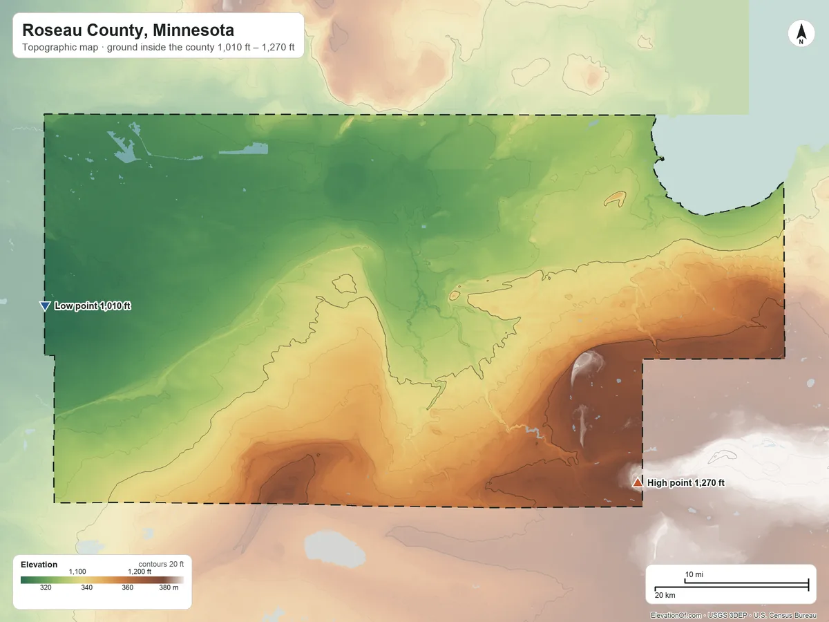 Topographic elevation map of Roseau County, Minnesota, shaded from 1,010 ft on the west side to 1,270 ft on the southeast side