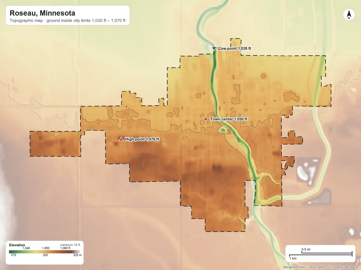 Topographic elevation map of Roseau, Minnesota, shaded from 1,030 ft on the north side to 1,070 ft on the west side