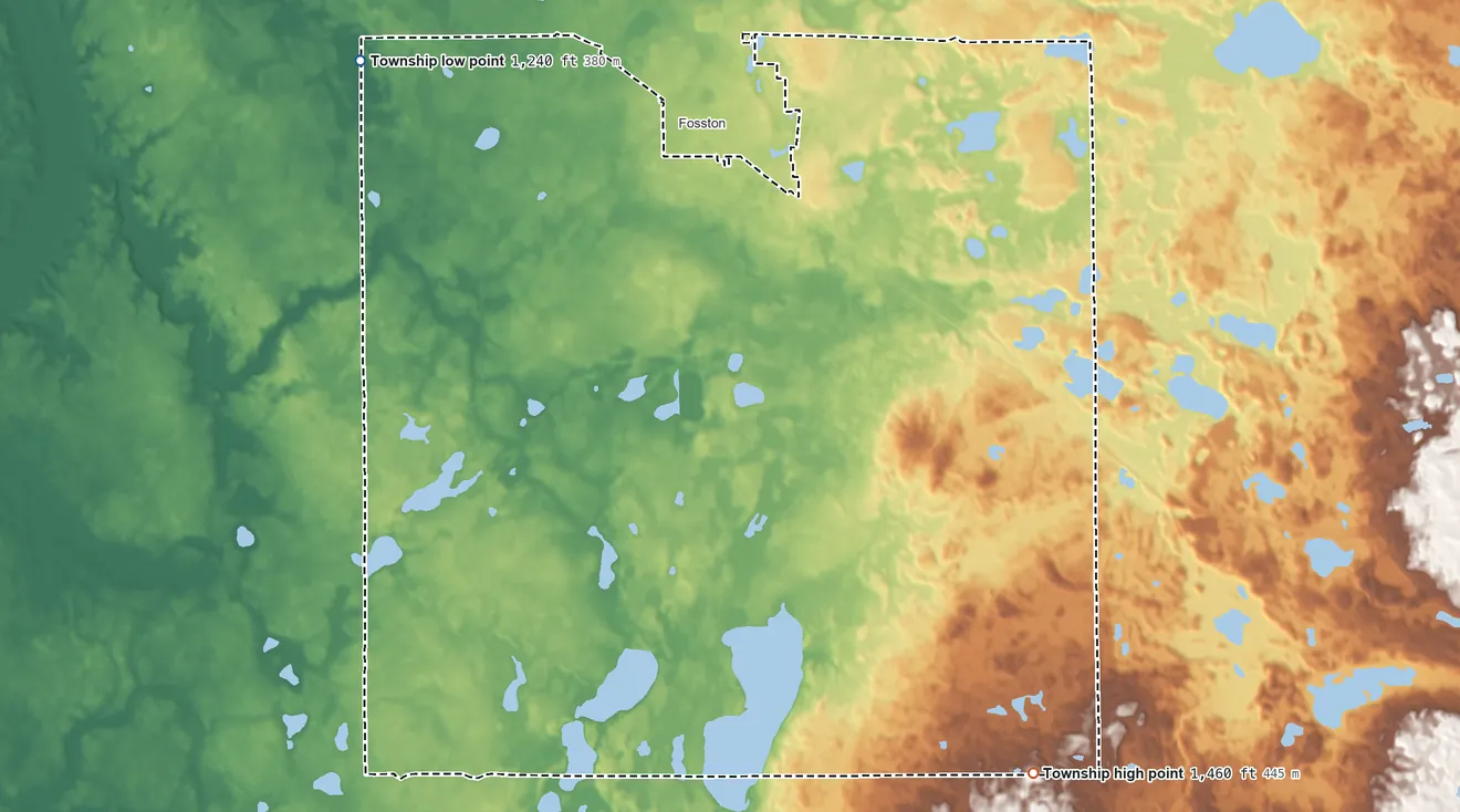 Topographic elevation map of Rosebud Township, Minnesota, shaded from 1,240 ft on the northwest side to 1,460 ft on the southeast side