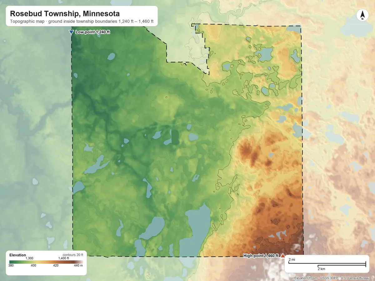 Topographic elevation map of Rosebud Township, Minnesota, shaded from 1,240 ft on the northwest side to 1,460 ft on the southeast side