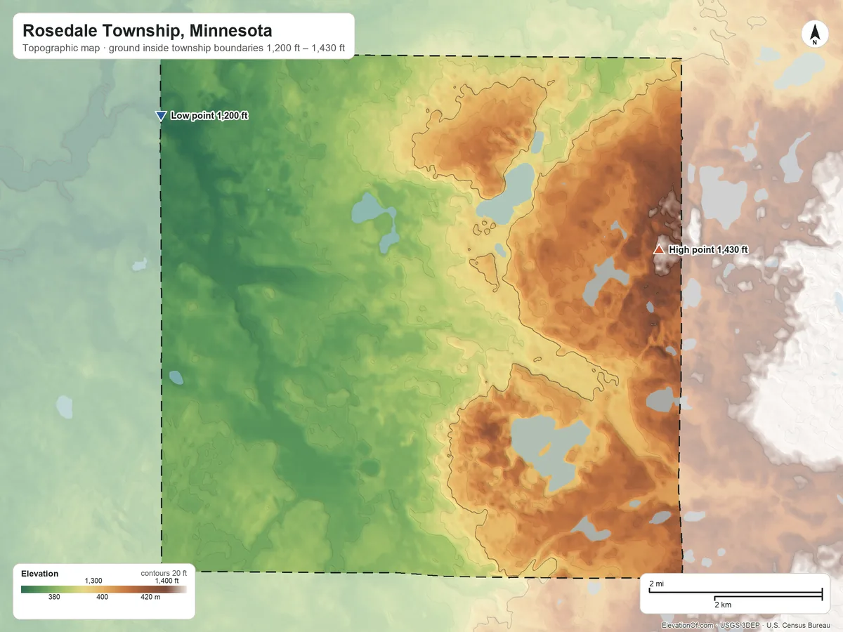 Topographic elevation map of Rosedale Township, Minnesota, shaded from 1,200 ft on the northwest side to 1,430 ft on the east side