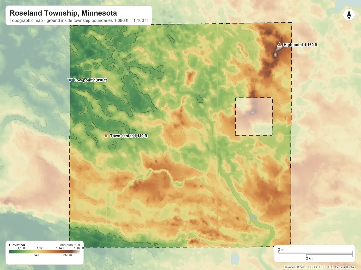 Topographic elevation map of Roseland Township, Minnesota, shaded from 1,090 ft on the northwest side to 1,160 ft on the northeast side