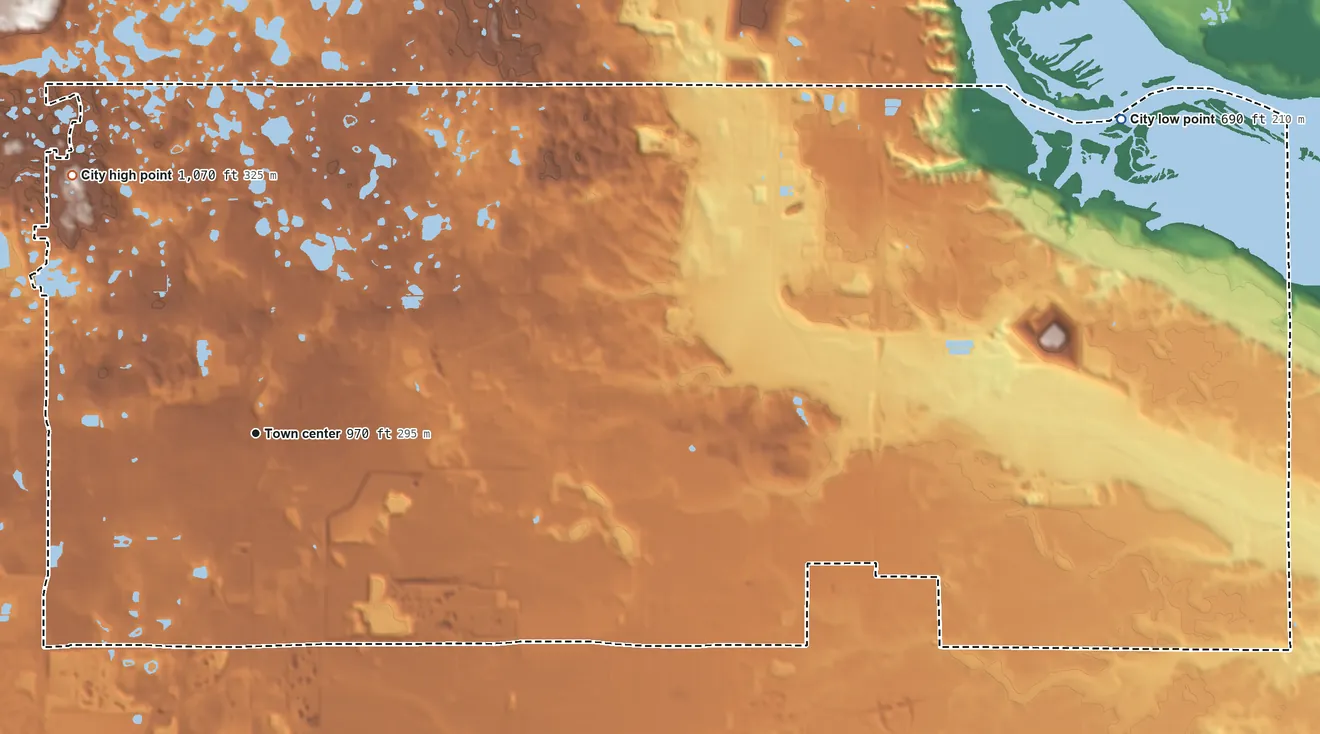 Topographic elevation map of Rosemount, Minnesota, shaded from 690 ft on the east side to 1,070 ft on the northwest side