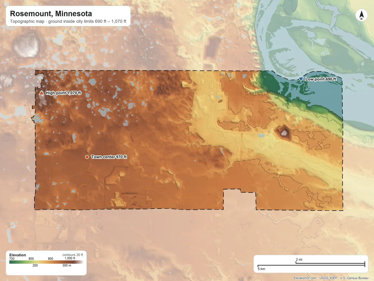 Topographic elevation map of Rosemount, Minnesota, shaded from 690 ft on the east side to 1,070 ft on the northwest side