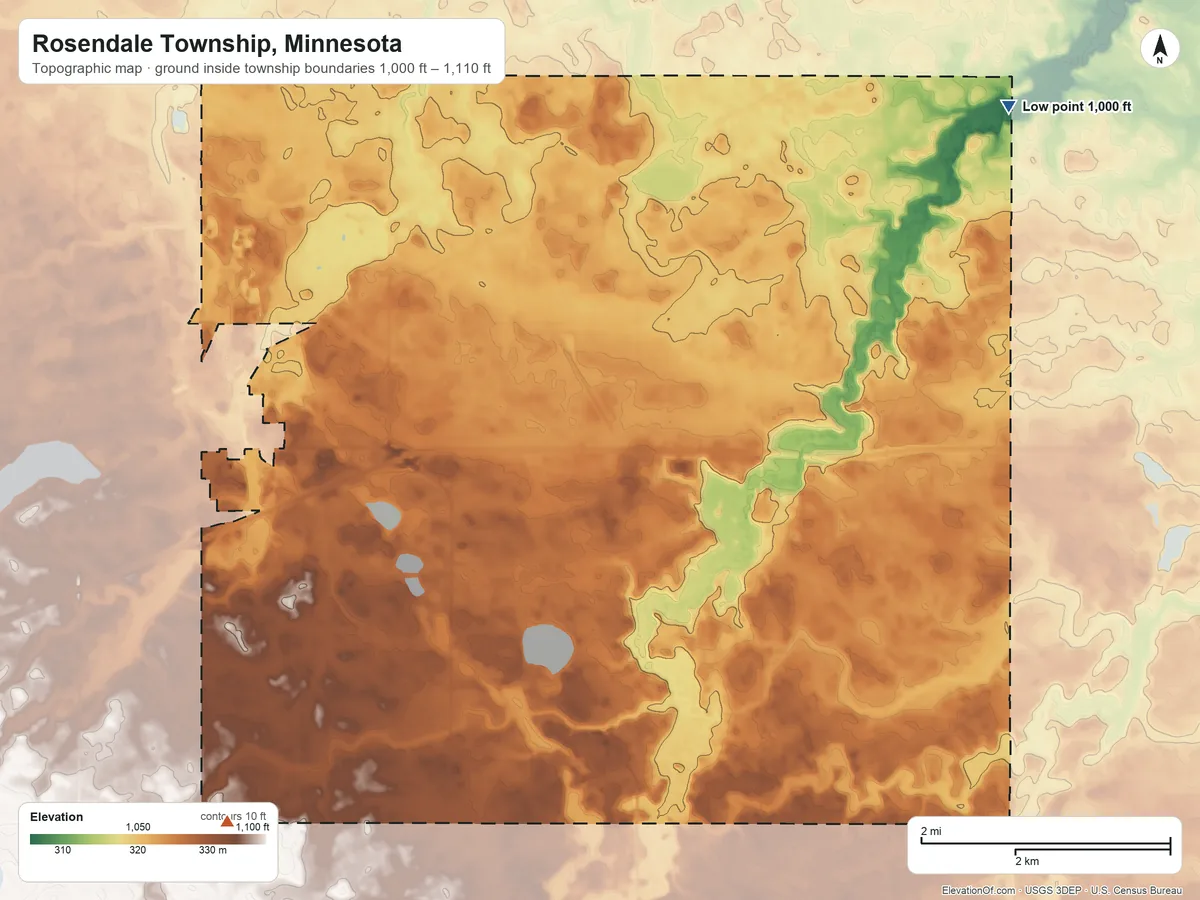 Topographic elevation map of Rosendale Township, Minnesota, shaded from 1,000 ft on the northeast side to 1,110 ft on the southwest side