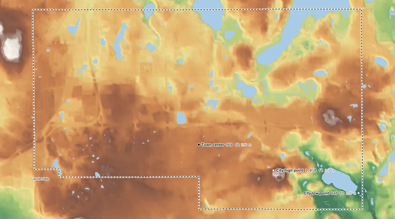 Topographic elevation map of Roseville, Minnesota, shaded from 840 ft on the east side to 1,010 ft on the east side