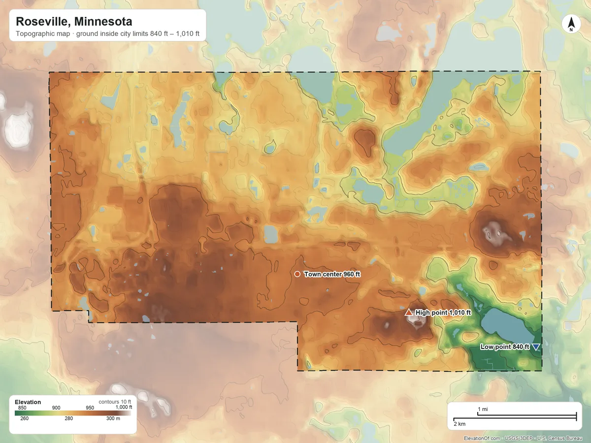 Topographic elevation map of Roseville, Minnesota, shaded from 840 ft on the east side to 1,010 ft on the east side