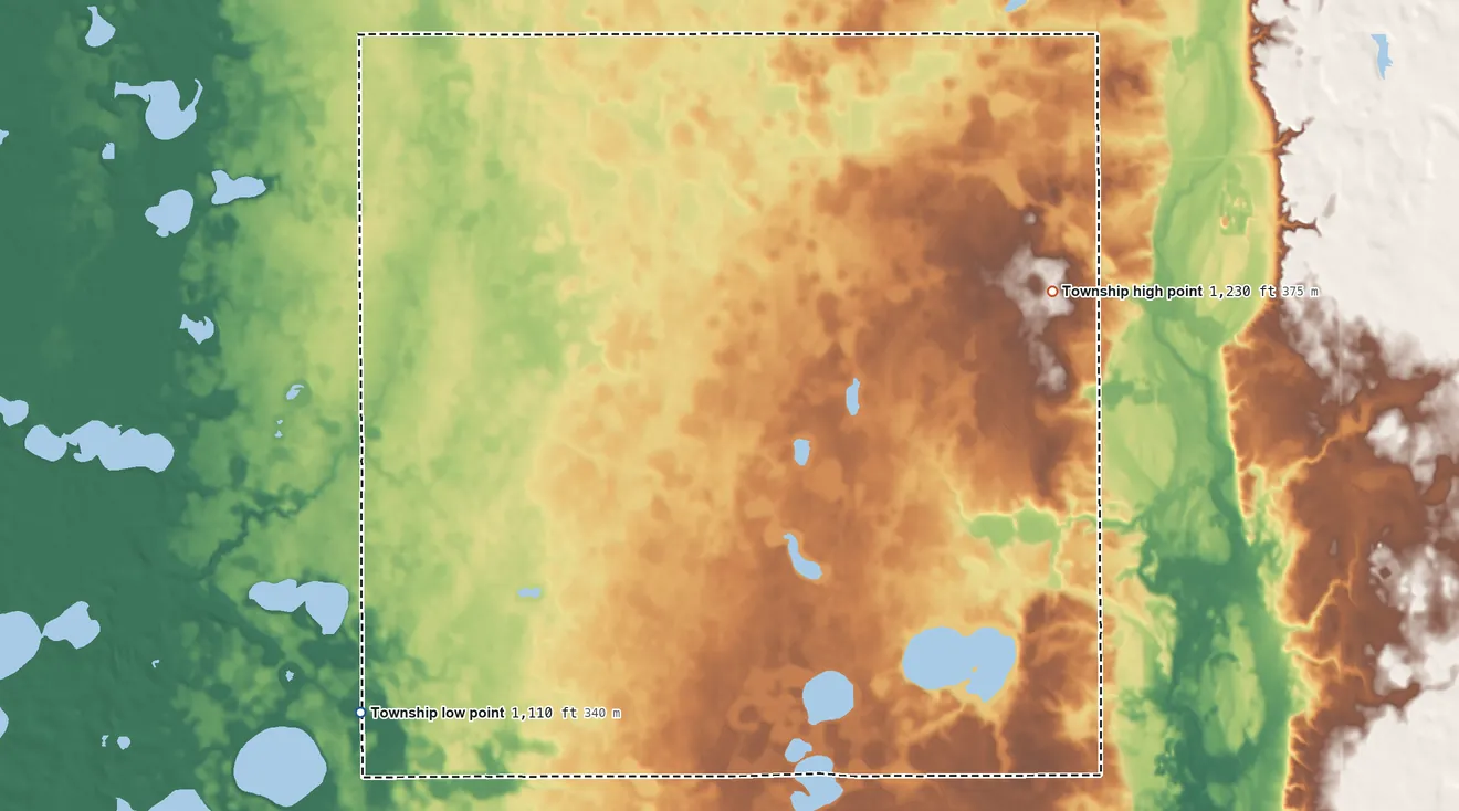 Topographic elevation map of Roseville Township, Grant County, Minnesota, shaded from 1,110 ft on the southwest side to 1,230 ft on the northeast side