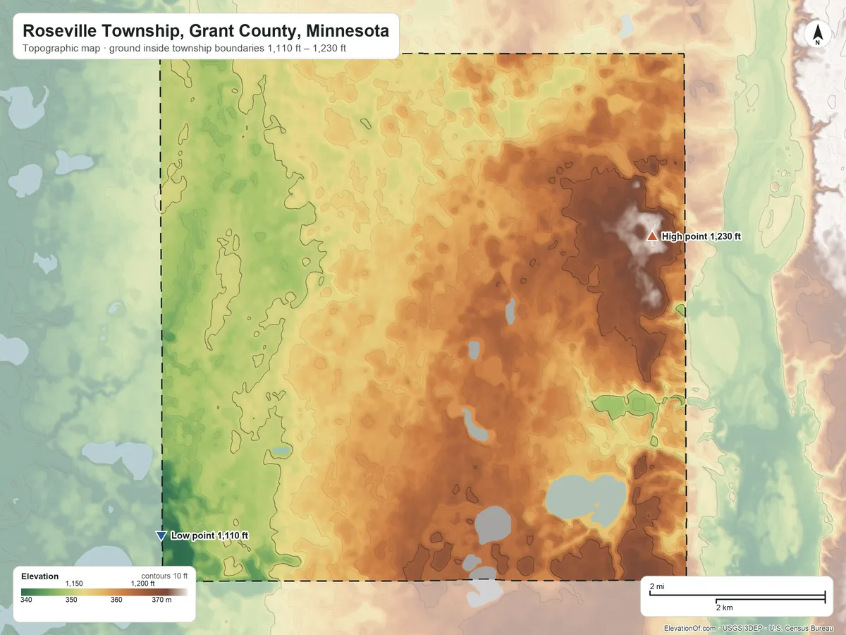 Topographic elevation map of Roseville Township, Grant County, Minnesota, shaded from 1,110 ft on the southwest side to 1,230 ft on the northeast side