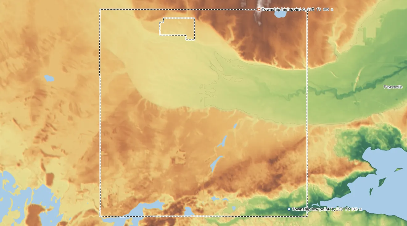 Topographic elevation map of Roseville Township, Minnesota, shaded from 1,130 ft on the southeast side to 1,330 ft on the northeast side