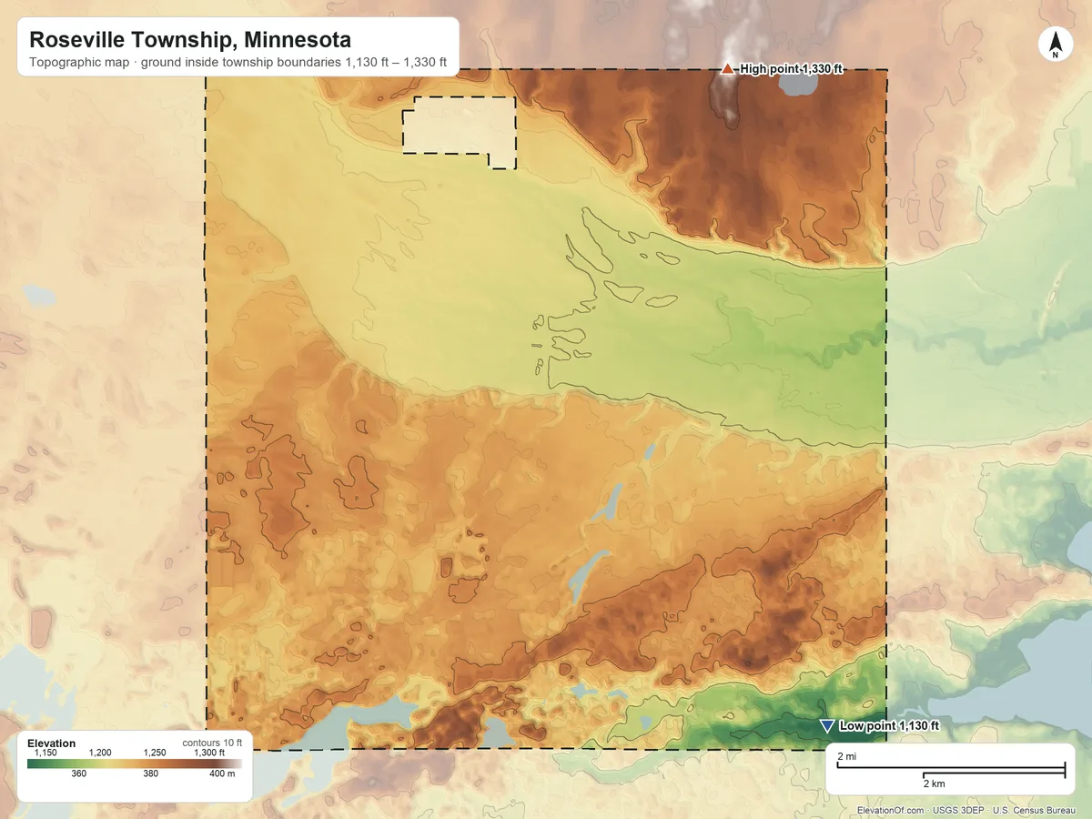 Topographic elevation map of Roseville Township, Minnesota, shaded from 1,130 ft on the southeast side to 1,330 ft on the northeast side