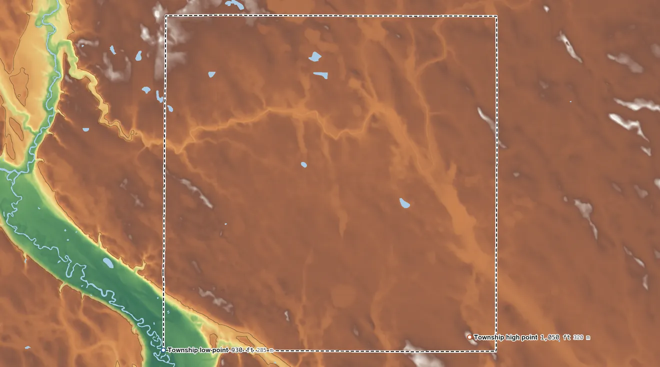 Topographic elevation map of Rosewood Township, Minnesota, shaded from 930 ft on the southwest side to 1,050 ft on the southeast side