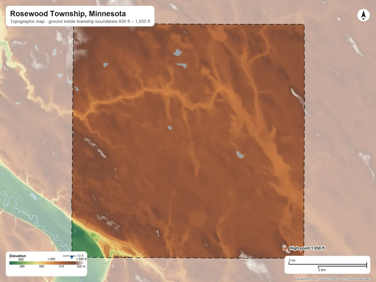 Topographic elevation map of Rosewood Township, Minnesota, shaded from 930 ft on the southwest side to 1,050 ft on the southeast side