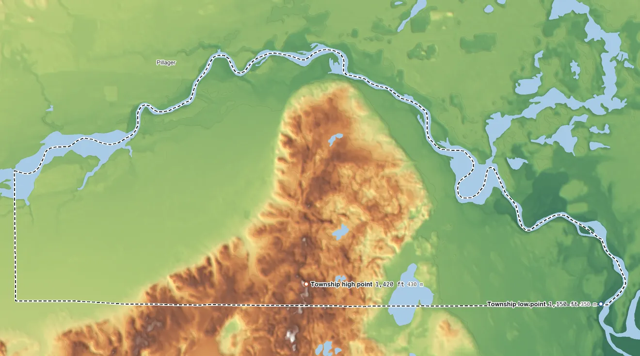 Topographic elevation map of Rosing Township, Minnesota, shaded from 1,150 ft on the east side to 1,420 ft on the southeast side