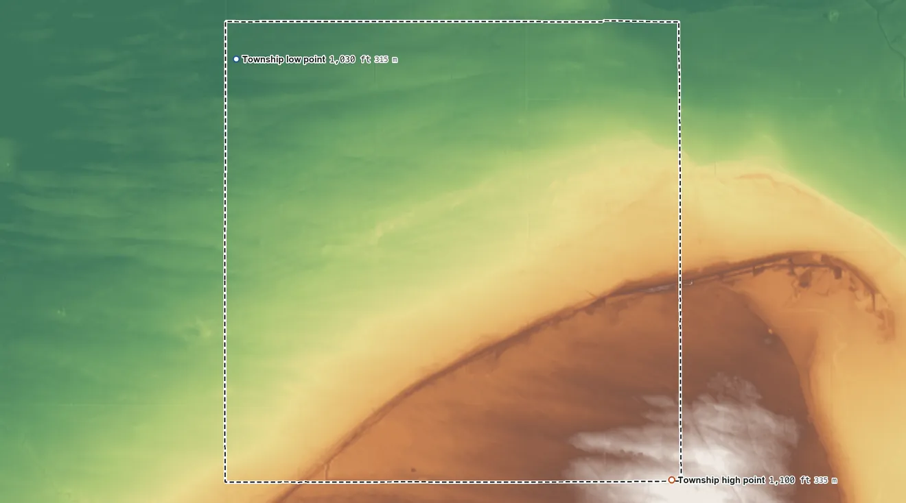 Topographic elevation map of Ross Township, Minnesota, shaded from 1,030 ft on the northwest side to 1,100 ft on the southeast side
