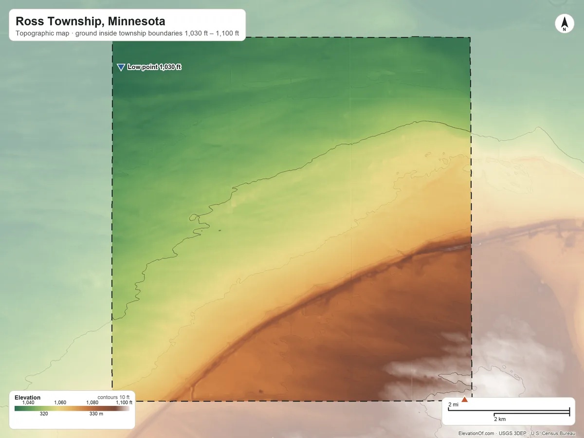 Topographic elevation map of Ross Township, Minnesota, shaded from 1,030 ft on the northwest side to 1,100 ft on the southeast side