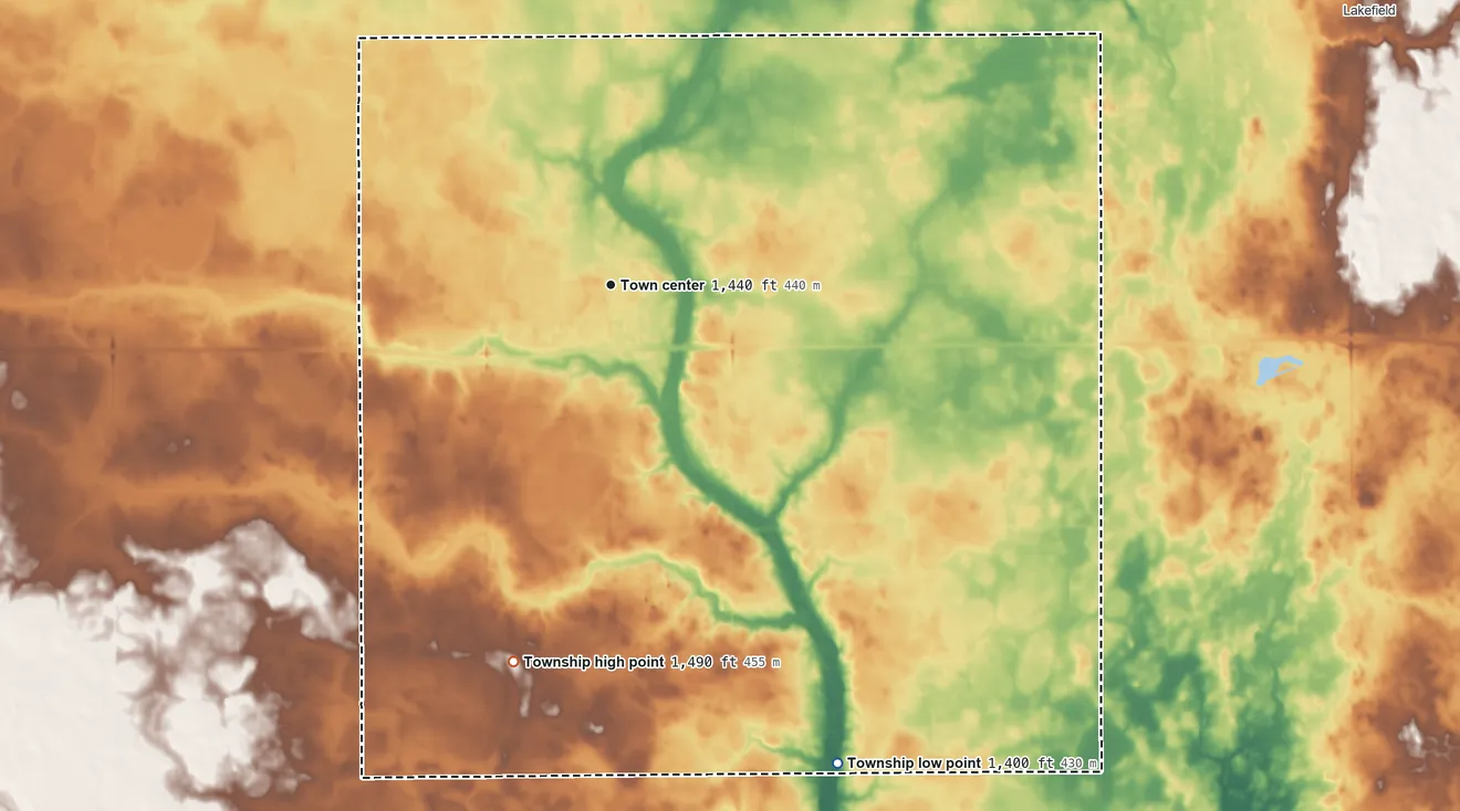 Topographic elevation map of Rost Township, Minnesota, shaded from 1,400 ft on the southeast side to 1,490 ft on the south side