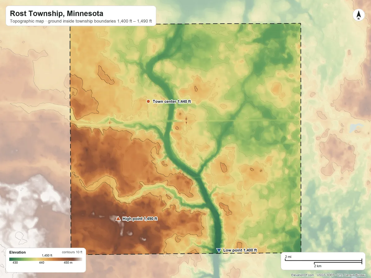 Topographic elevation map of Rost Township, Minnesota, shaded from 1,400 ft on the southeast side to 1,490 ft on the south side