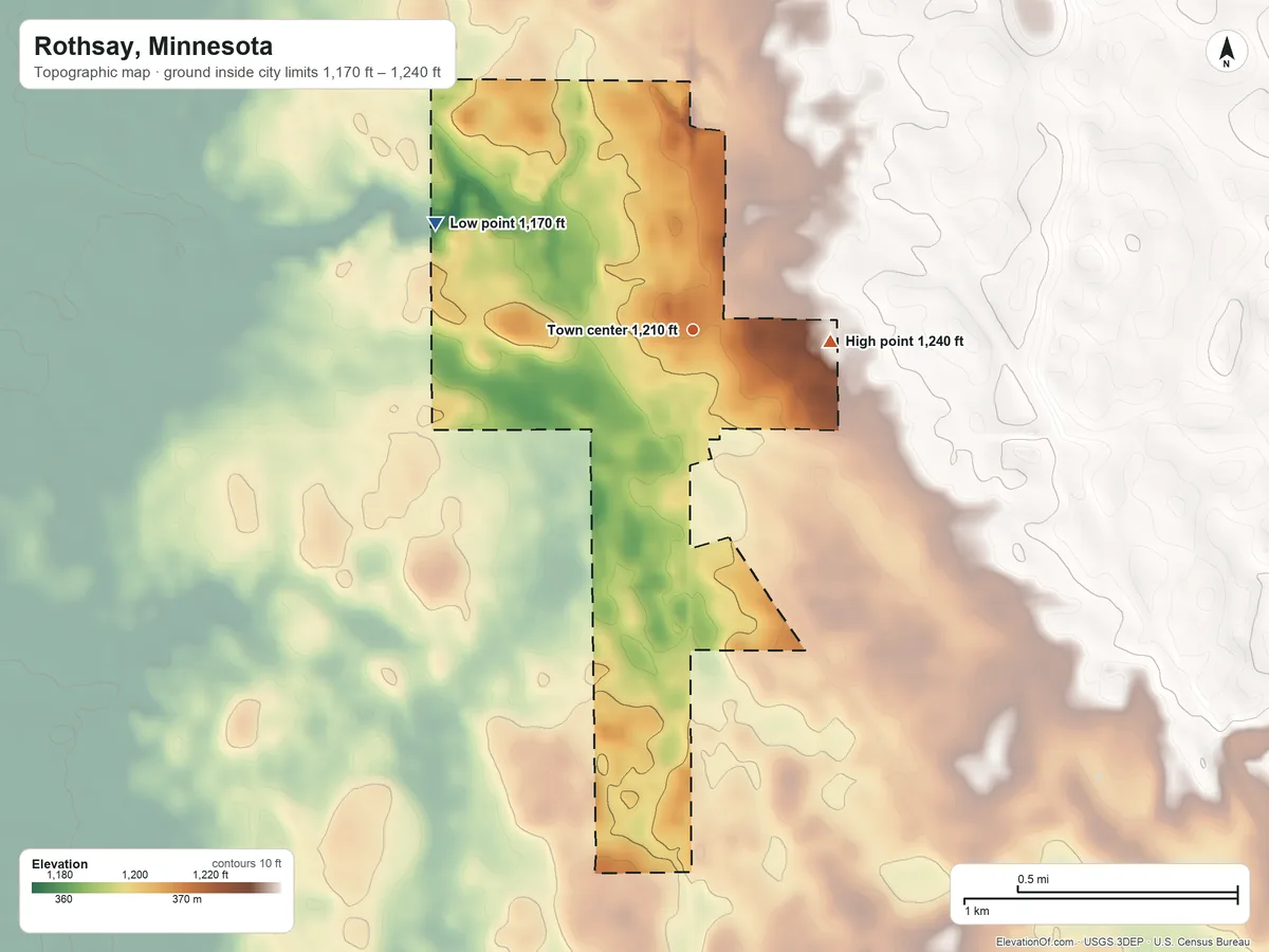 Topographic elevation map of Rothsay, Minnesota, shaded from 1,170 ft on the northwest side to 1,240 ft on the east side