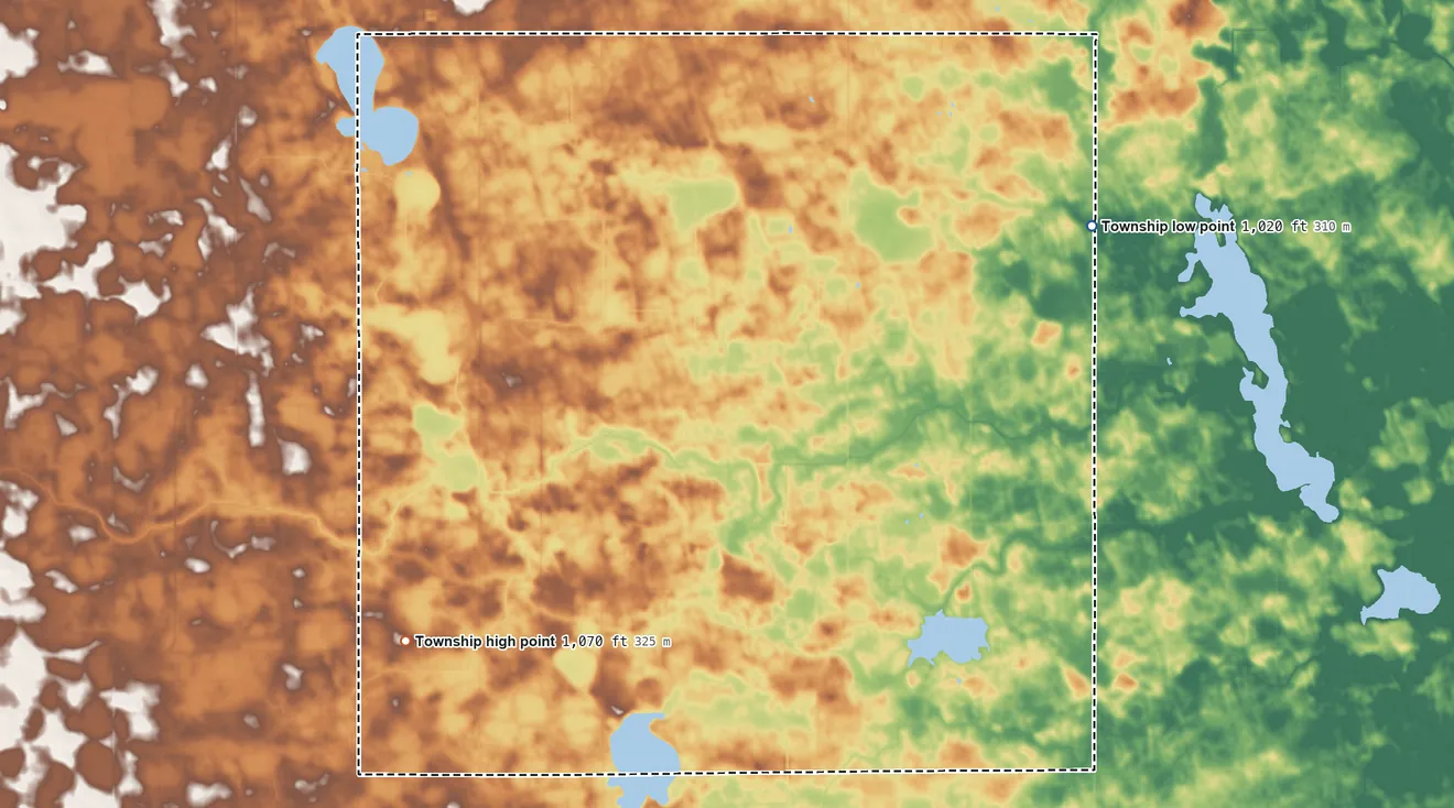 Topographic elevation map of Round Grove Township, Minnesota, shaded from 1,020 ft on the northeast side to 1,070 ft on the southwest side