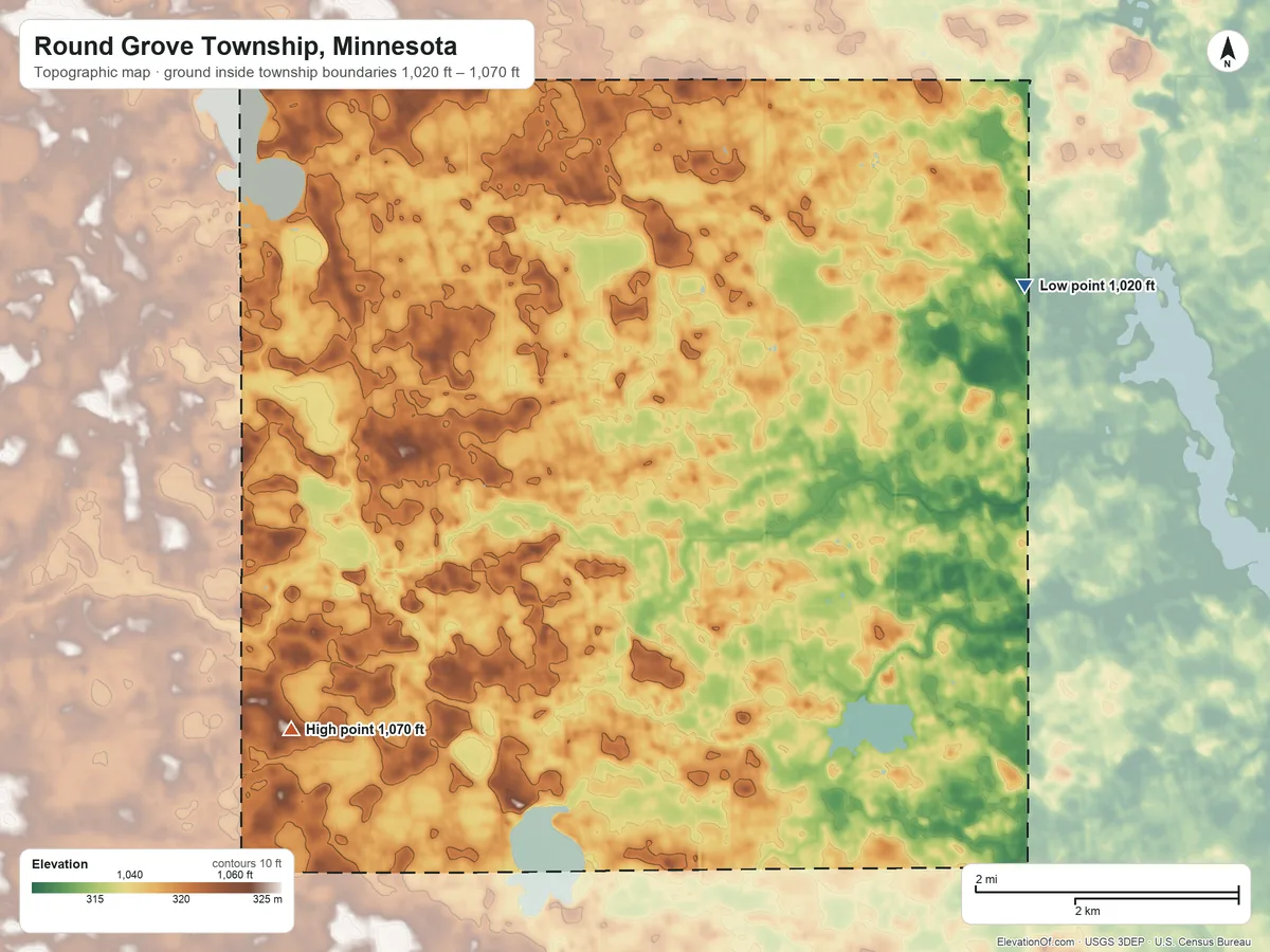 Topographic elevation map of Round Grove Township, Minnesota, shaded from 1,020 ft on the northeast side to 1,070 ft on the southwest side