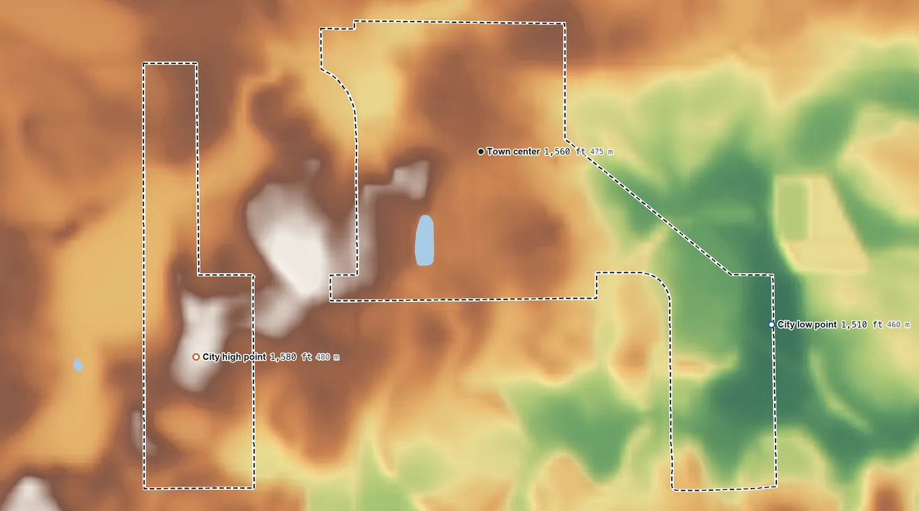 Topographic elevation map of Round Lake, Minnesota, shaded from 1,510 ft on the southeast side to 1,580 ft on the southwest side