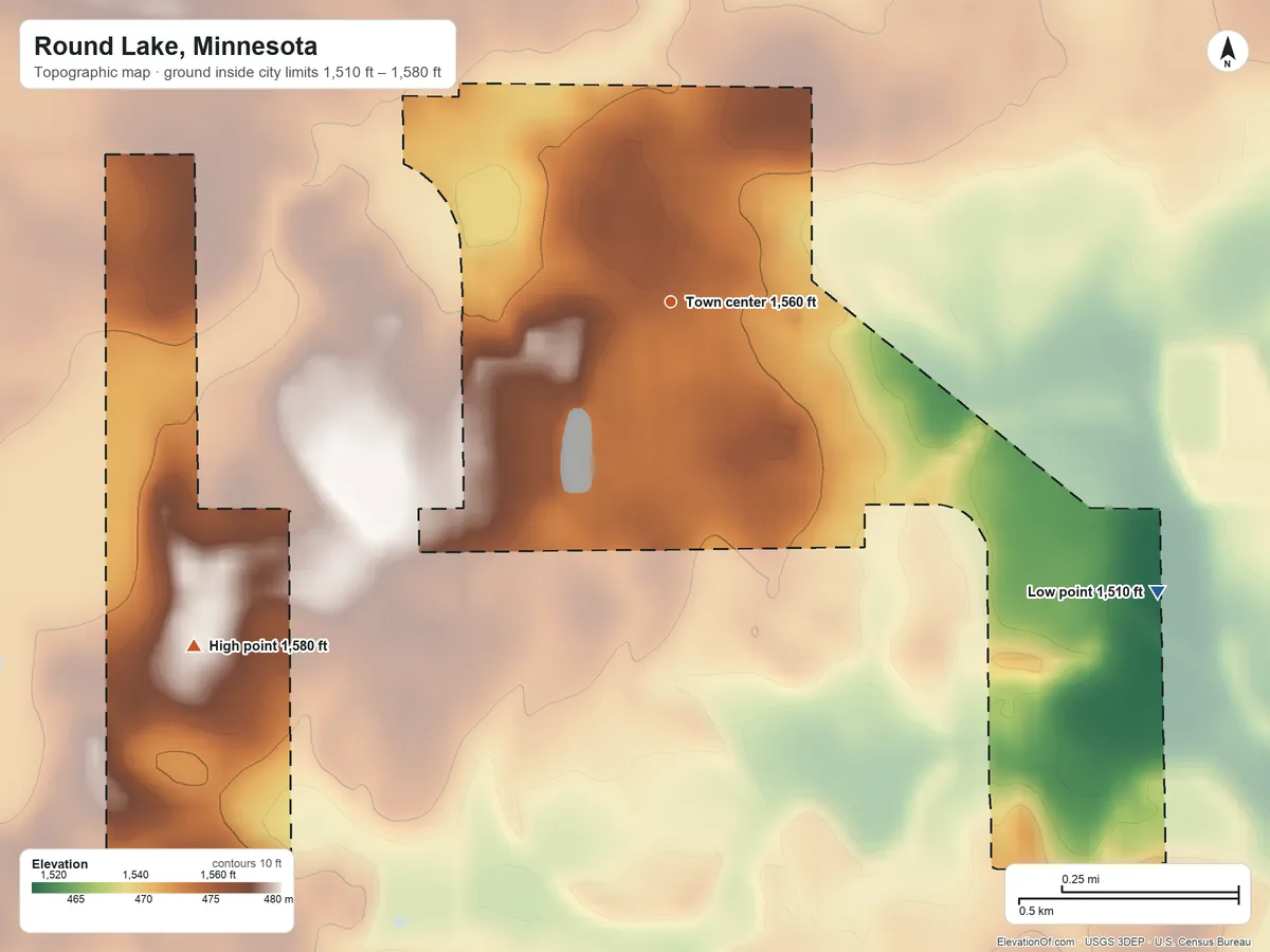 Topographic elevation map of Round Lake, Minnesota, shaded from 1,510 ft on the southeast side to 1,580 ft on the southwest side