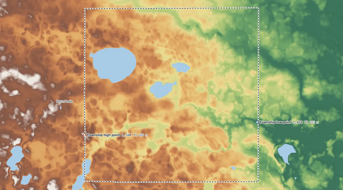Topographic elevation map of Round Lake Township, Jackson County, Minnesota, shaded from 1,460 ft on the southeast side to 1,580 ft on the southwest side
