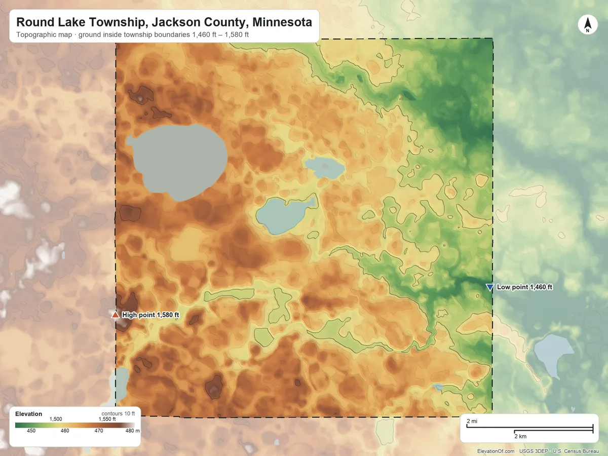 Topographic elevation map of Round Lake Township, Jackson County, Minnesota, shaded from 1,460 ft on the southeast side to 1,580 ft on the southwest side
