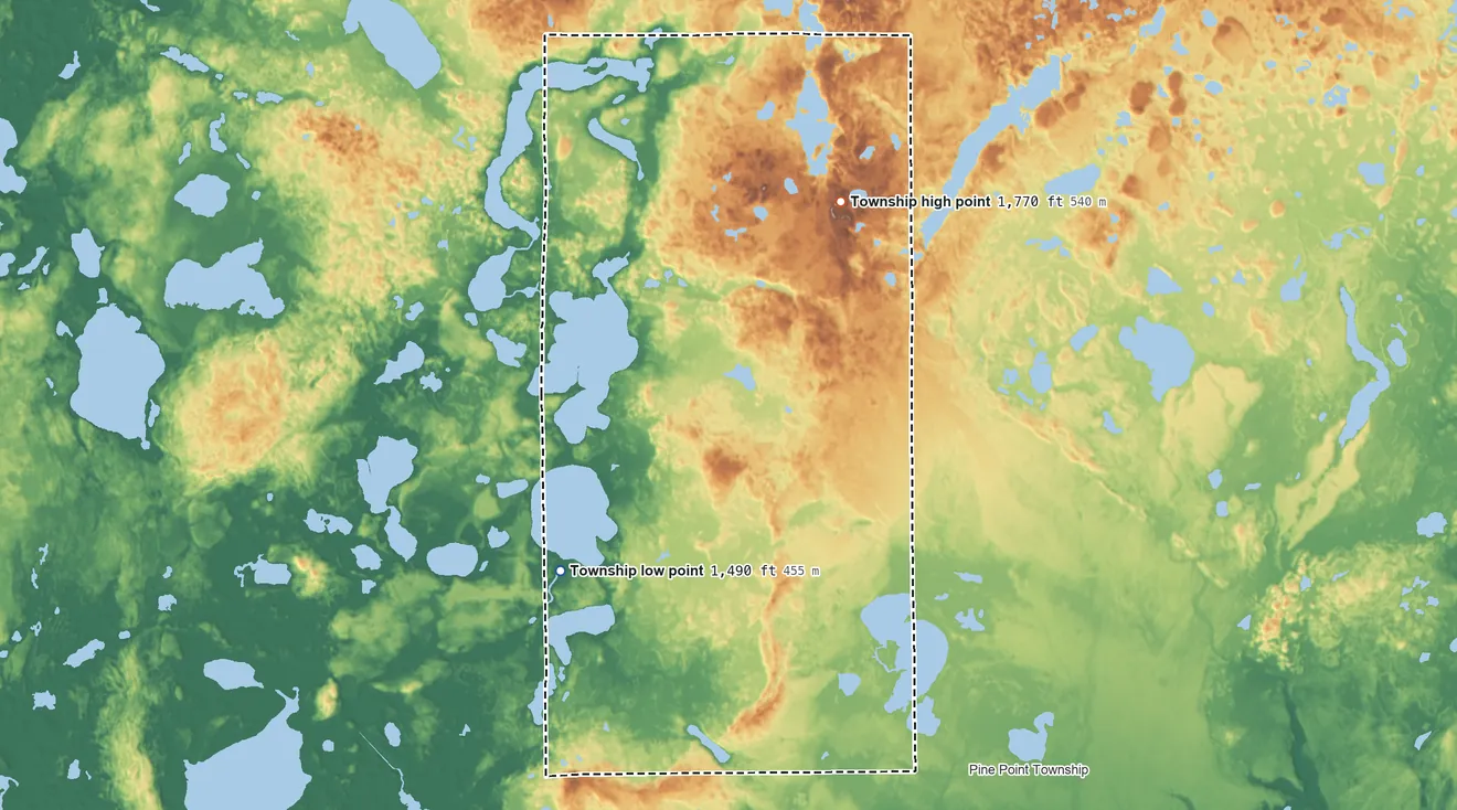 Topographic elevation map of Round Lake Township, Minnesota, shaded from 1,490 ft on the south side to 1,770 ft on the northeast side