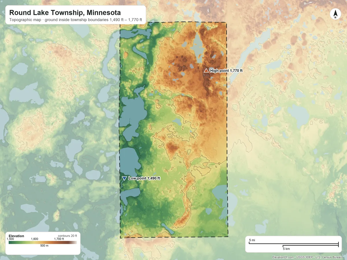 Topographic elevation map of Round Lake Township, Minnesota, shaded from 1,490 ft on the south side to 1,770 ft on the northeast side