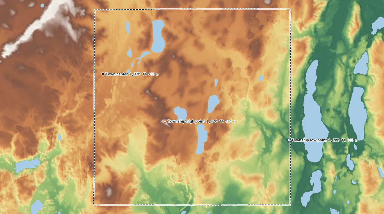 Topographic elevation map of Round Prairie Township, Minnesota, shaded from 1,200 ft on the east side to 1,420 ft on the southeast side