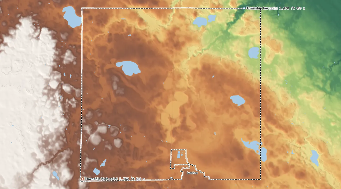 Topographic elevation map of Royal Township, Minnesota, shaded from 1,470 ft on the northeast side to 1,760 ft on the southwest side