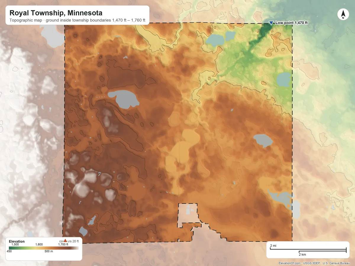 Topographic elevation map of Royal Township, Minnesota, shaded from 1,470 ft on the northeast side to 1,760 ft on the southwest side