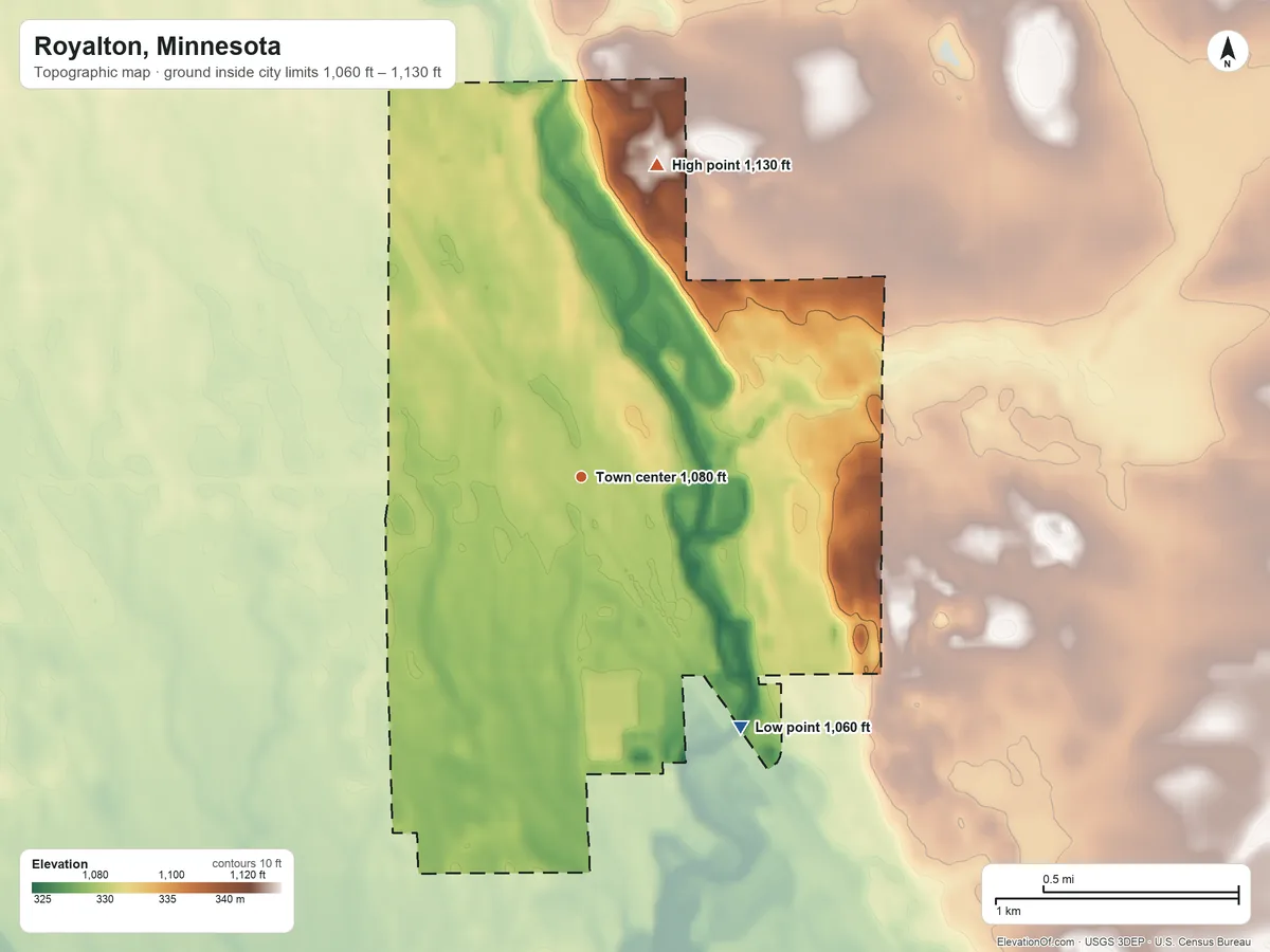 Topographic elevation map of Royalton, Minnesota, shaded from 1,060 ft on the southeast side to 1,130 ft on the north side