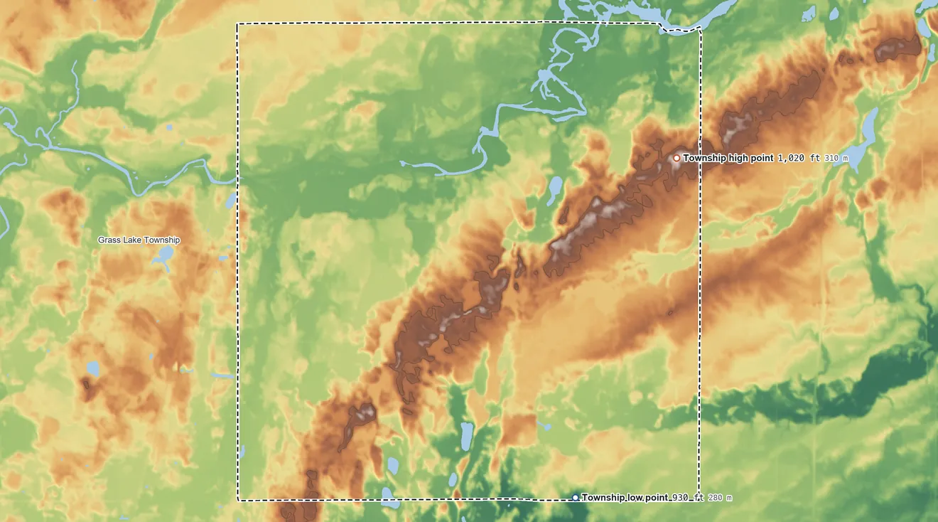 Topographic elevation map of Royalton Township, Minnesota, shaded from 930 ft on the south side to 1,020 ft on the northeast side