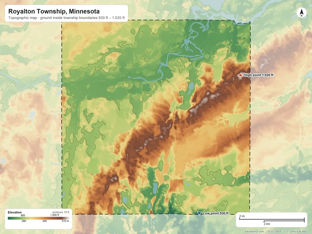 Topographic elevation map of Royalton Township, Minnesota, shaded from 930 ft on the south side to 1,020 ft on the northeast side
