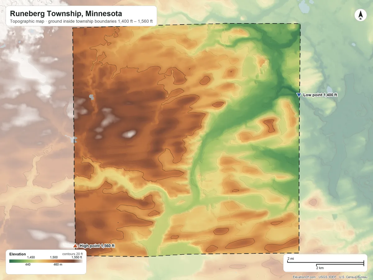 Topographic elevation map of Runeberg Township, Minnesota, shaded from 1,400 ft on the northeast side to 1,560 ft on the southwest side