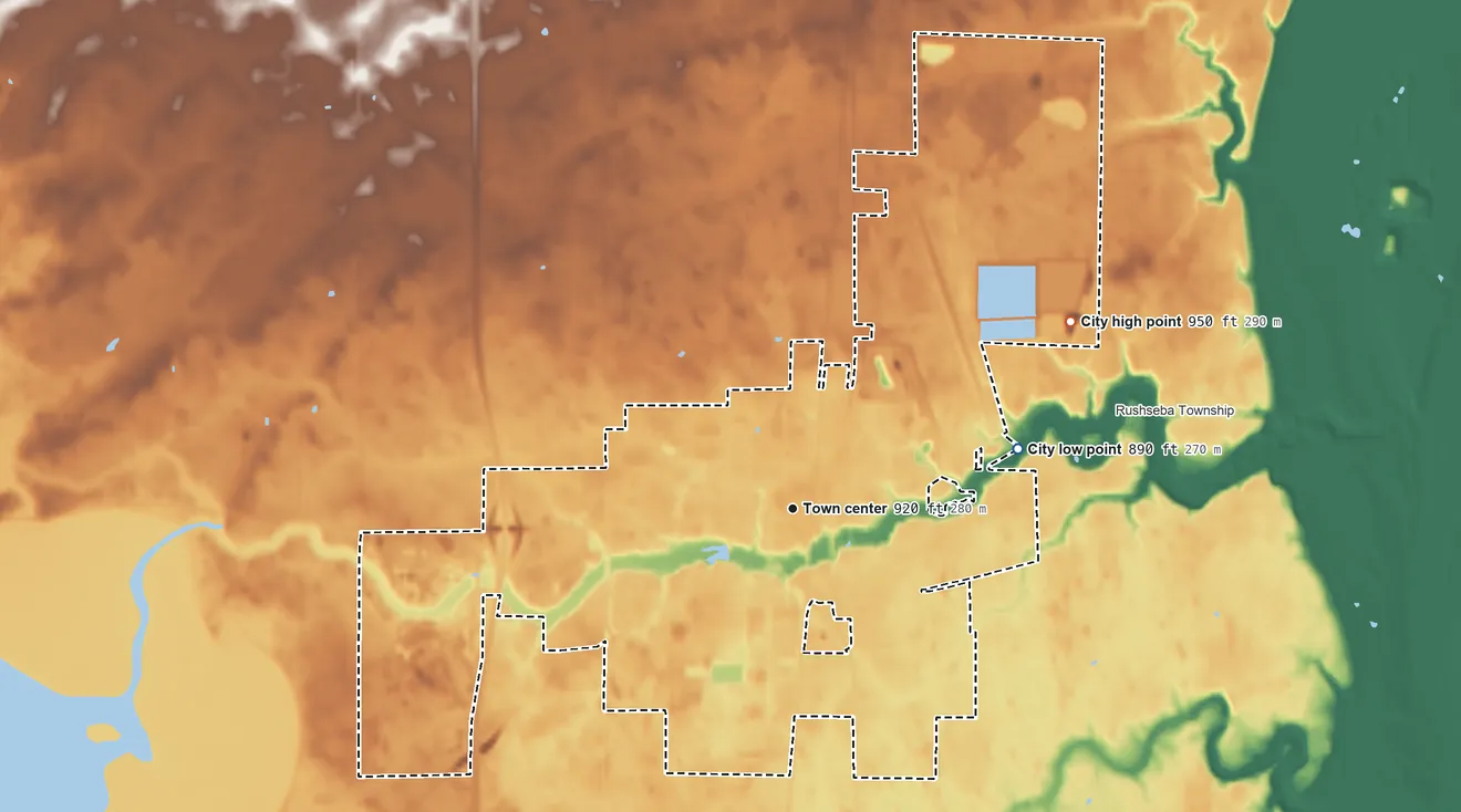Topographic elevation map of Rush City, Minnesota, shaded from 890 ft on the east side to 950 ft on the northeast side