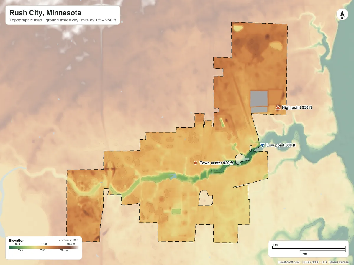 Topographic elevation map of Rush City, Minnesota, shaded from 890 ft on the east side to 950 ft on the northeast side