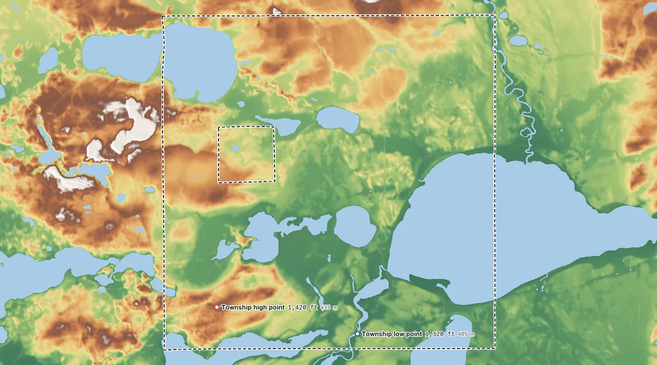 Topographic elevation map of Rush Lake Township, Minnesota, shaded from 1,320 ft on the south side to 1,420 ft on the southwest side