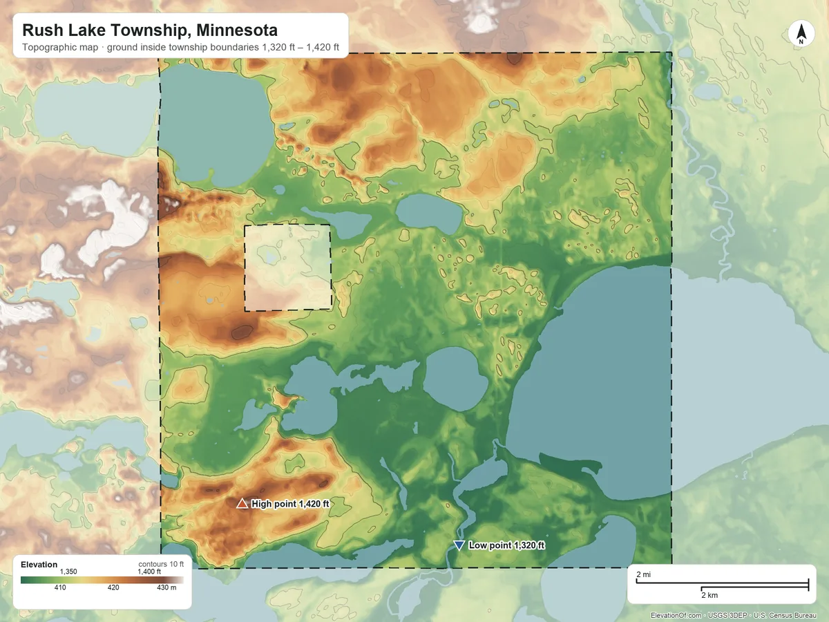 Topographic elevation map of Rush Lake Township, Minnesota, shaded from 1,320 ft on the south side to 1,420 ft on the southwest side